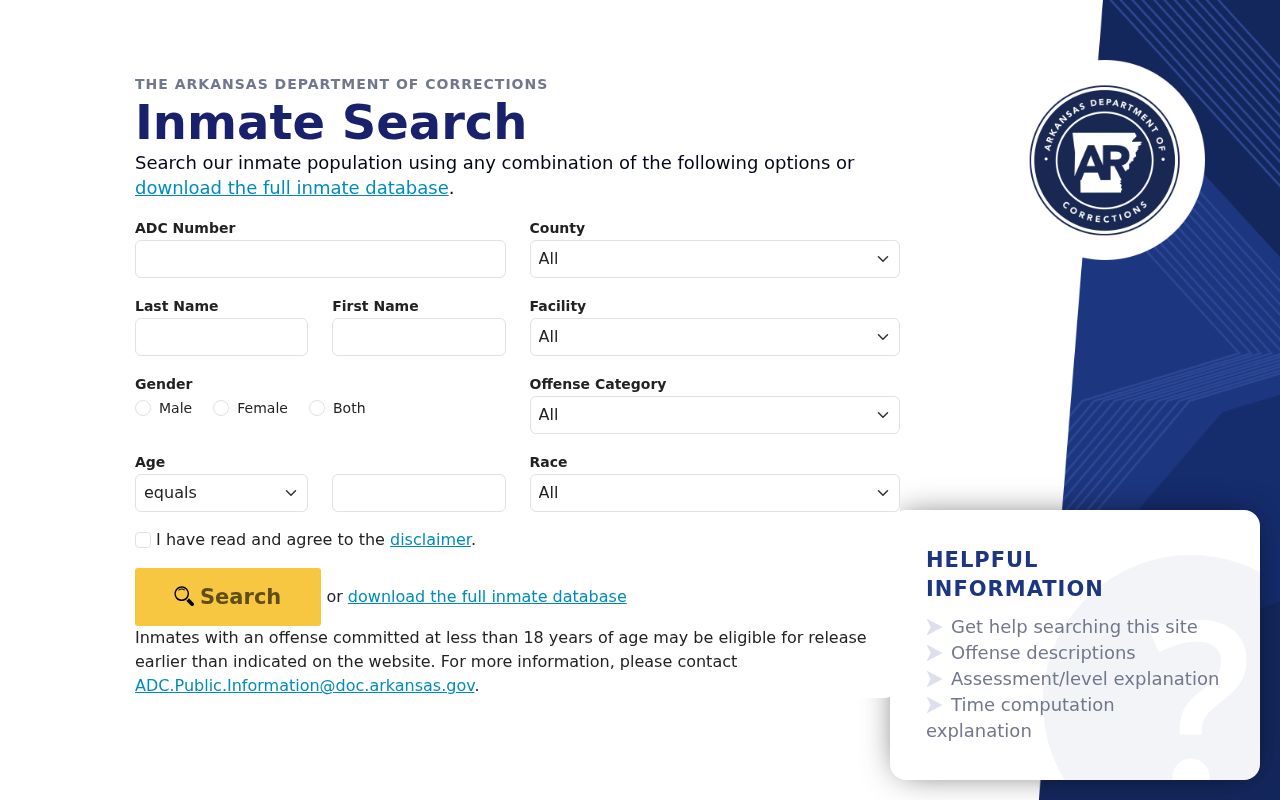 Fayetteville resident lookup using the official Arkansas inmate search